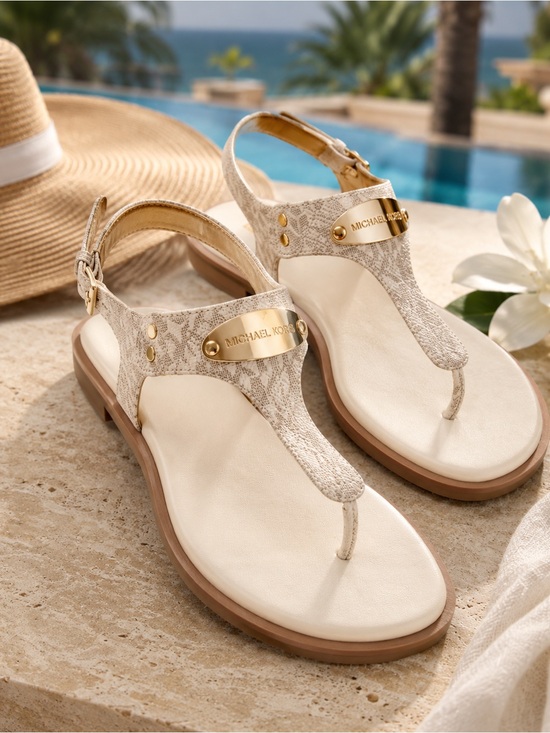 MICHAEL Michael Kors Shoes - MICHAEL Michael Kors Cream Snake-Print T-Strap Sandals with Gold Logo Plaque